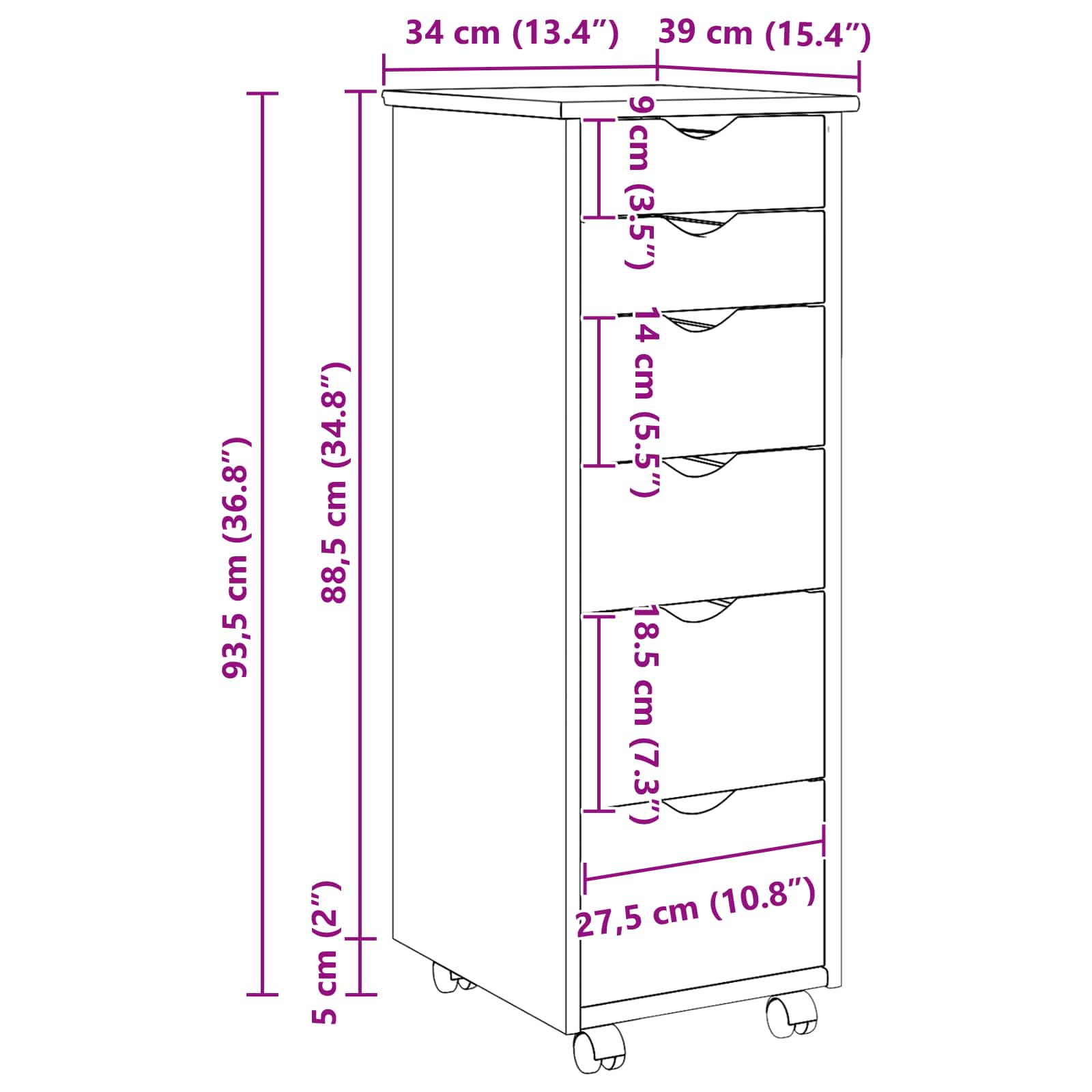 Cabinet roulant Blanc 34 x 39 x 93,5 cm Bois de Pin Massif - XIOS
