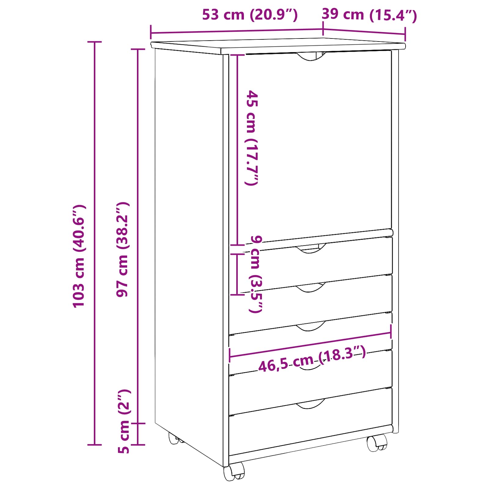Cabinet roulant Gris 53 x 39 x 103 cm Bois de Pin Massif - XIOS
