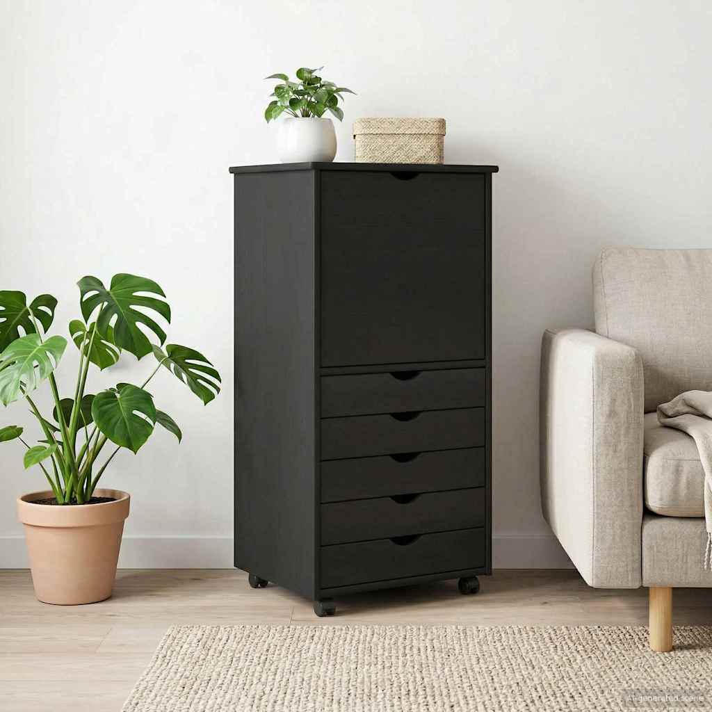 Cabinet roulant Noir 53 x 39 x 103 cm Bois de Pin Massif - XIOS