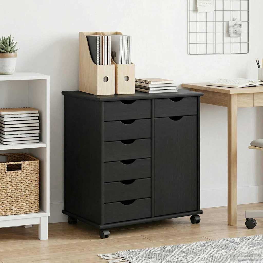 Cabinet roulant Noir 63,5 x 39 x 65,5 cm Bois de Pin Massif - XIOS