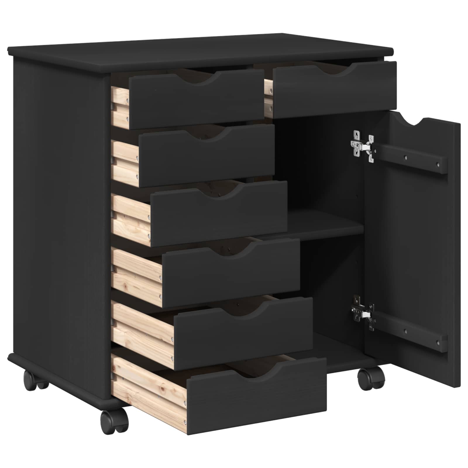 Cabinet roulant Noir 63,5 x 39 x 65,5 cm Bois de Pin Massif - XIOS