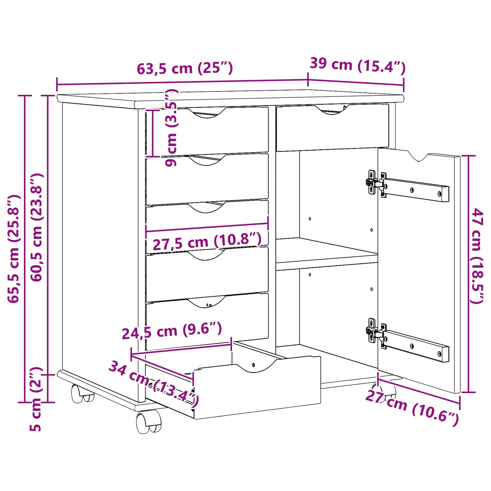 Cabinet roulant Noir 63,5 x 39 x 65,5 cm Bois de Pin Massif - XIOS