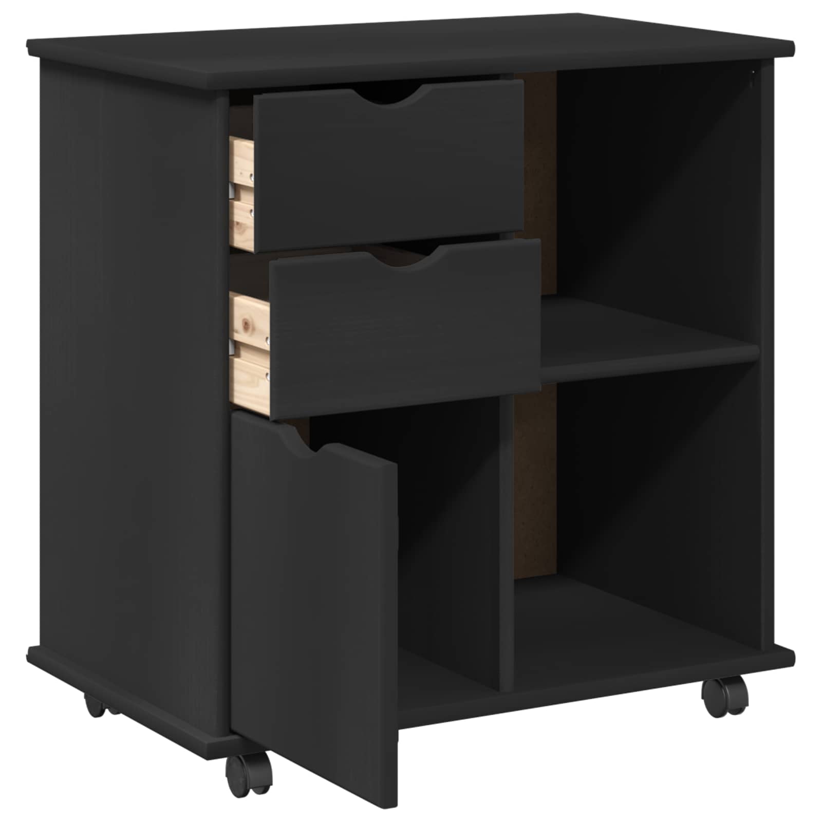 Cabinet roulant Noir 63,5 x 39 x 65,5 cm Bois de Pin Massif - XIOS