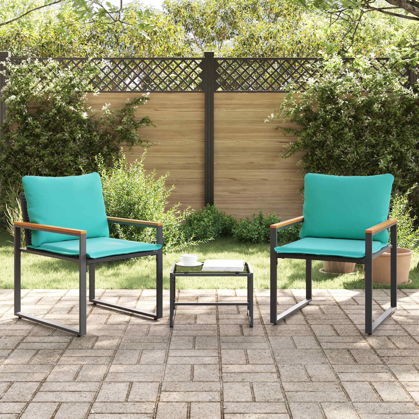 Ensembles de meubles avec coussin 3 pcs Noir et turquoise Rotin - XIOS