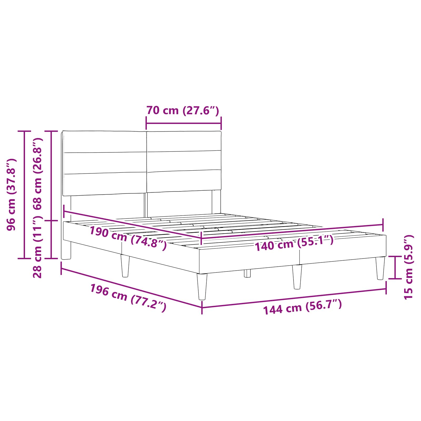 Cadre de lit avec tête de lit Gris foncé 140 x 190 cm tissu - XIOS