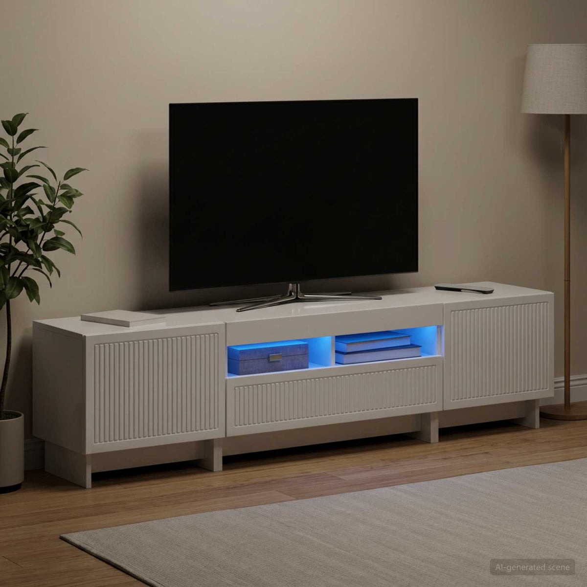 Meuble TV LED 5 pièces Blanc brillant Bois d'ingénierie