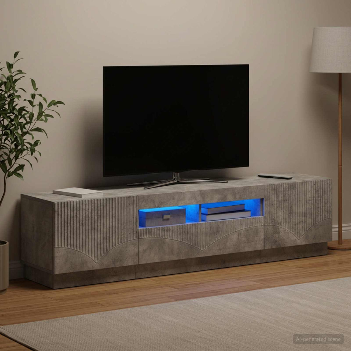 Meuble TV LED HOORN 3 pc Gris béton Bois d'ingénierie
