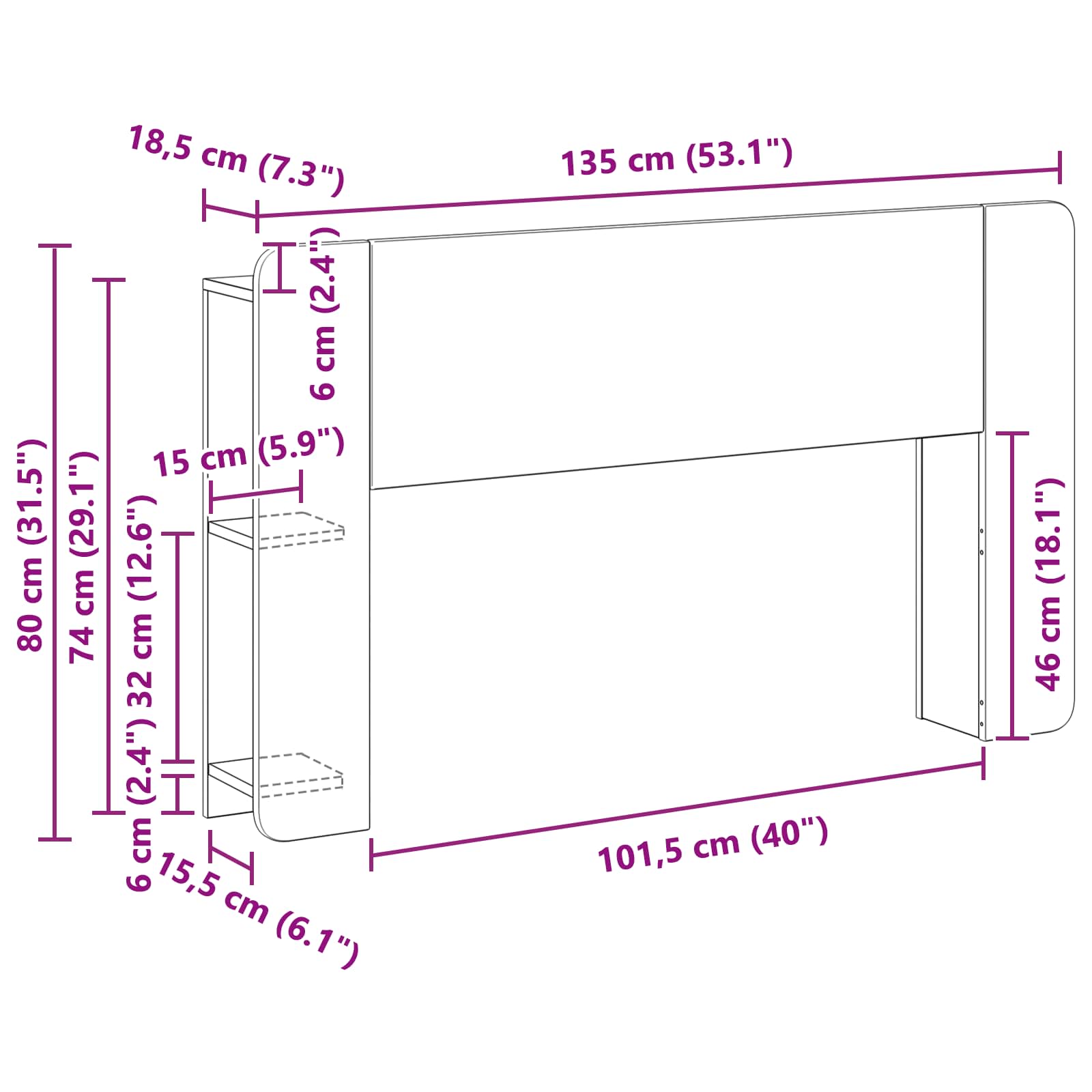 Cabinet de Tête de Lit avec stockage Noir 135 x 18,5 x 80 cm - XIOS