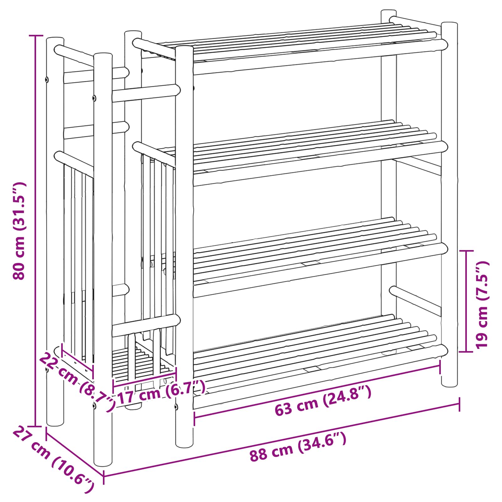 Rack à chaussures avec étagère Naturel 88 x 27 x 80 cm Bambou - XIOS