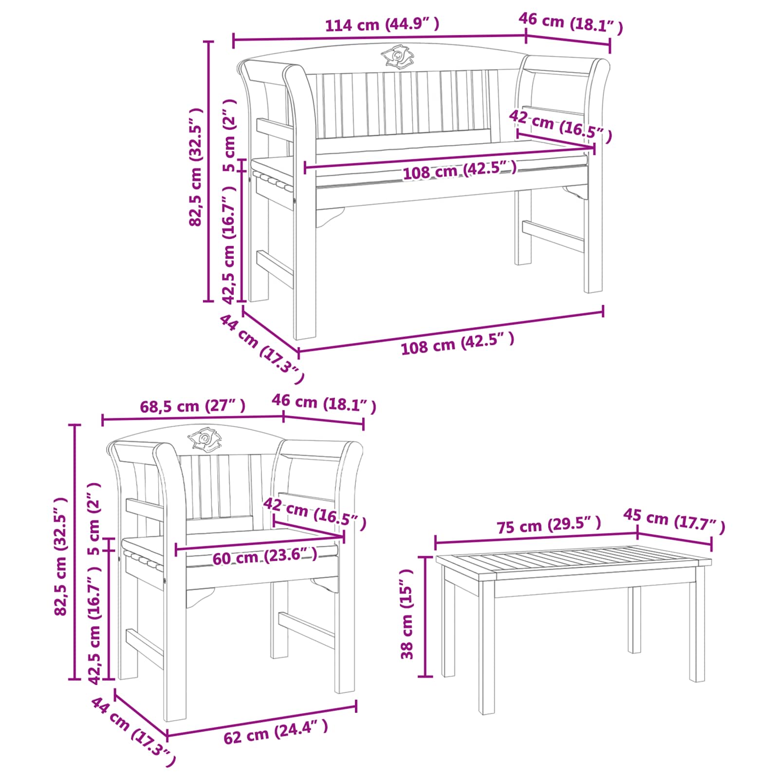 Ensemble de salon Rose de jardin 4 pcs Bois d'Acacia Massif - XIOS
