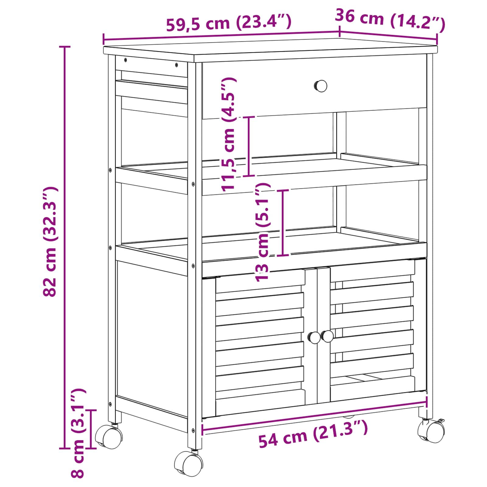 Chariot de Cuisine avec Roues Naturel 59,5 x 36 x 82 cm Bambou - XIOS