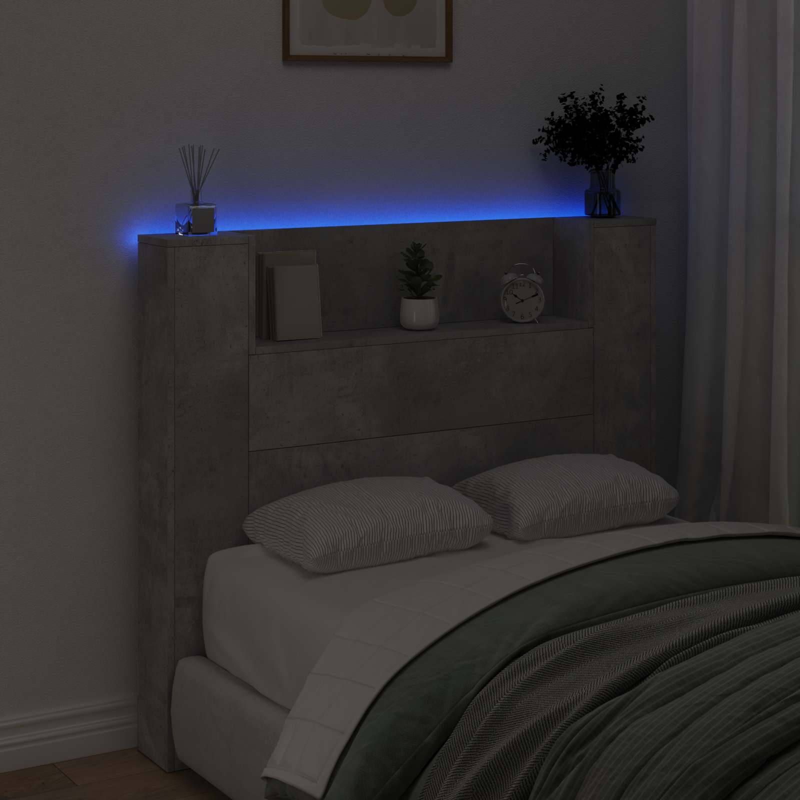 Tête de lit de rangement avec LED Gris béton Bois d'ingénierie - XIOS