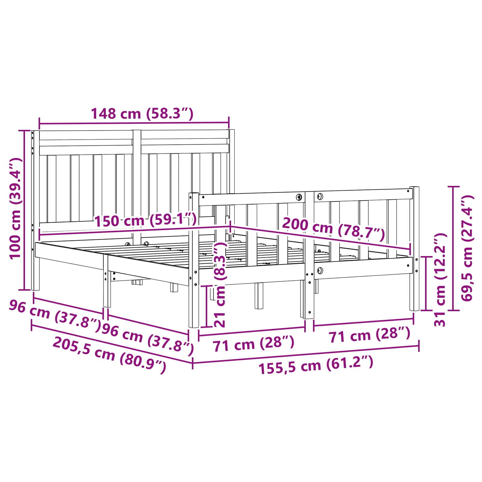 Cadre de lit Cire marron 205,5 x 155,5 x 100 cm - XIOS
