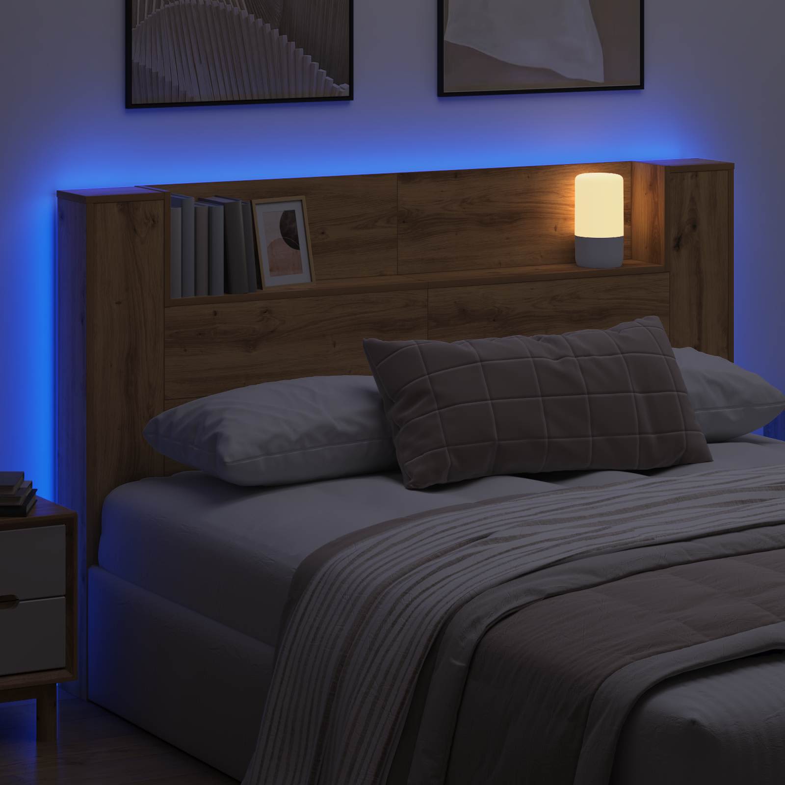 Cabinet de Tête de Lit avec LED avec étagère Chêne Artisanal - XIOS