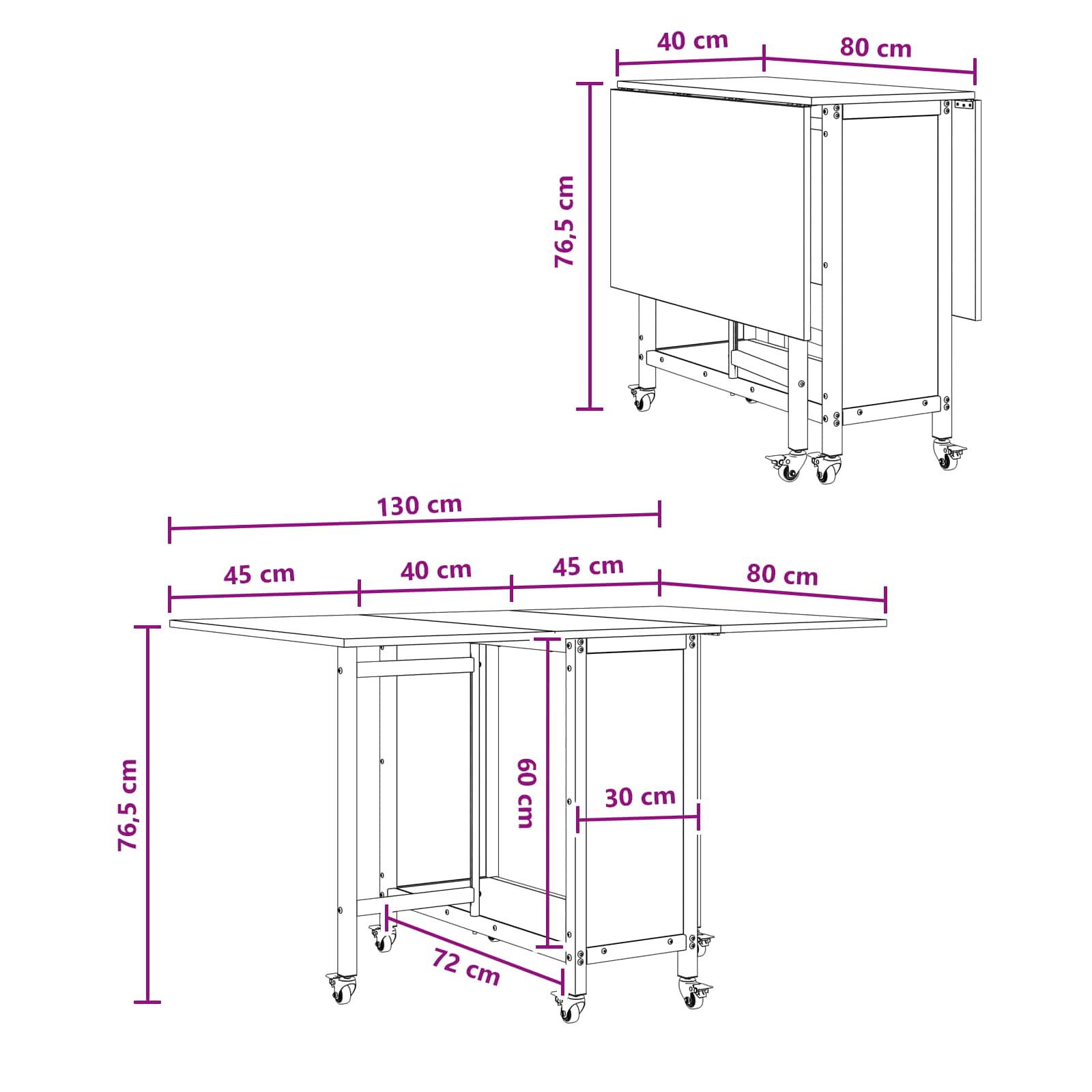 Table à manger pliante avec roulettes 130 x 80 x 76,5 cm - XIOS