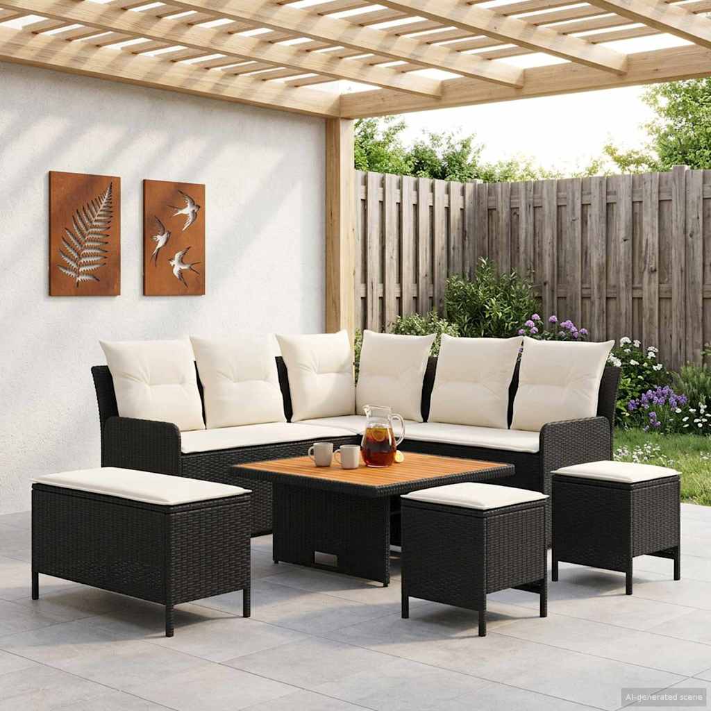 Ensembles de meubles avec oreiller 7 pcs Noir et Crème Rotin PE - XIOS