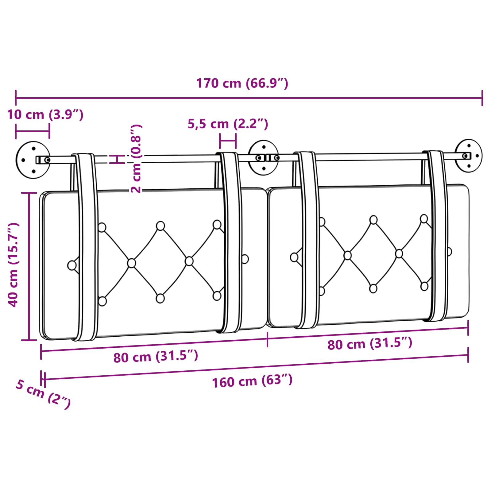 Tête de lit suspendue Vert Mer 170 x 55 x 5 cm Velours - XIOS