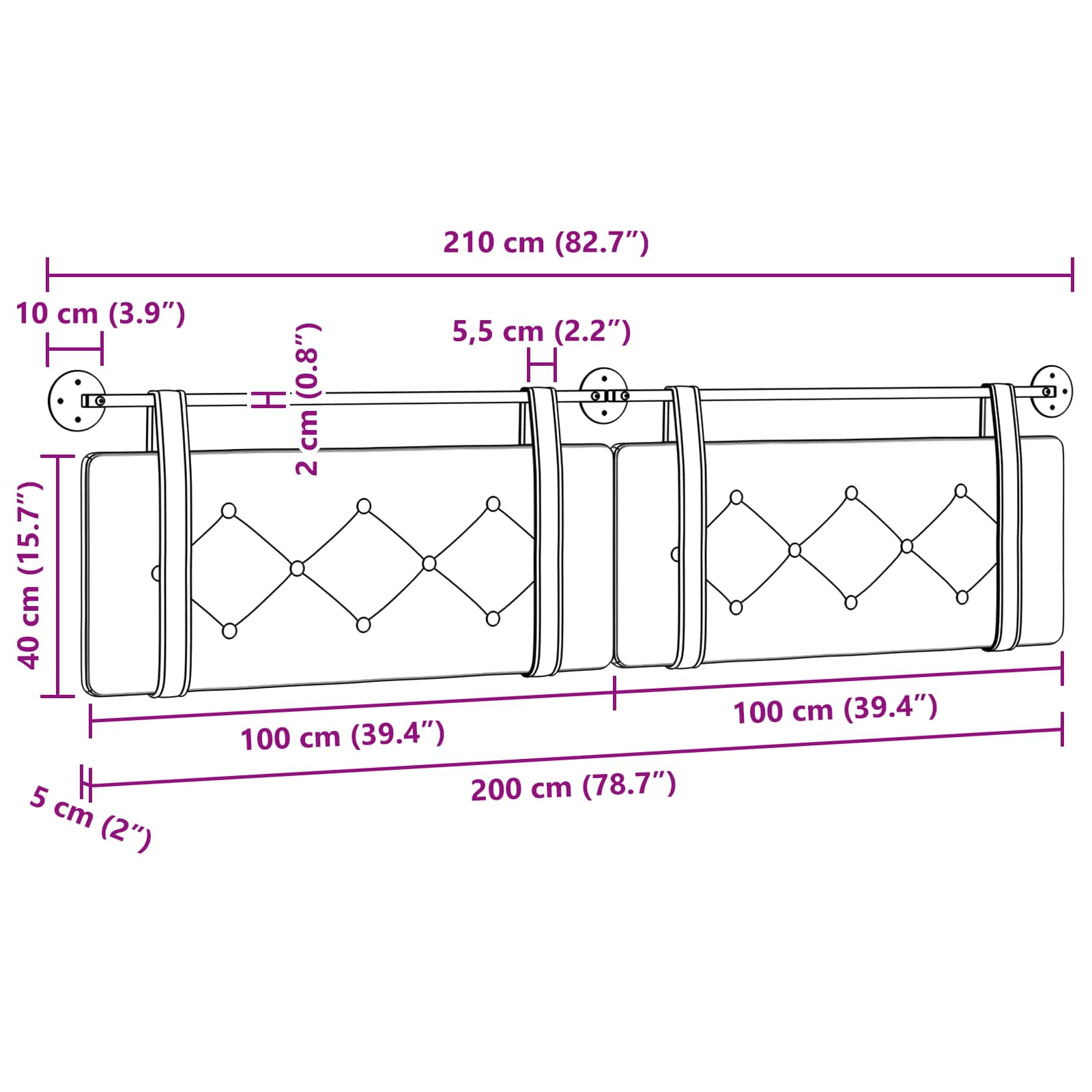 Tête de lit suspendue Vert Mer 210 x 55 x 5 cm Velours - XIOS
