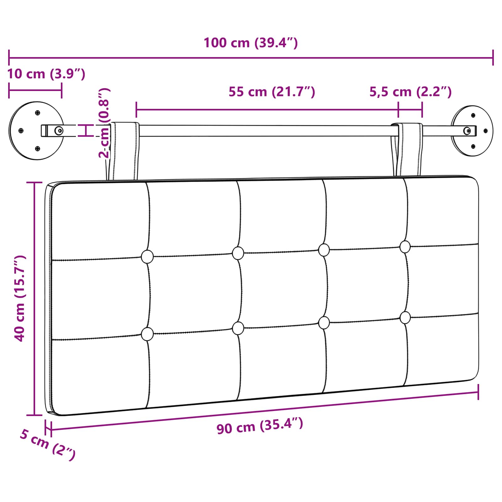 Tête de lit suspendue Montage mural Blanc 100 x 55 x 5 cm tissu - XIOS