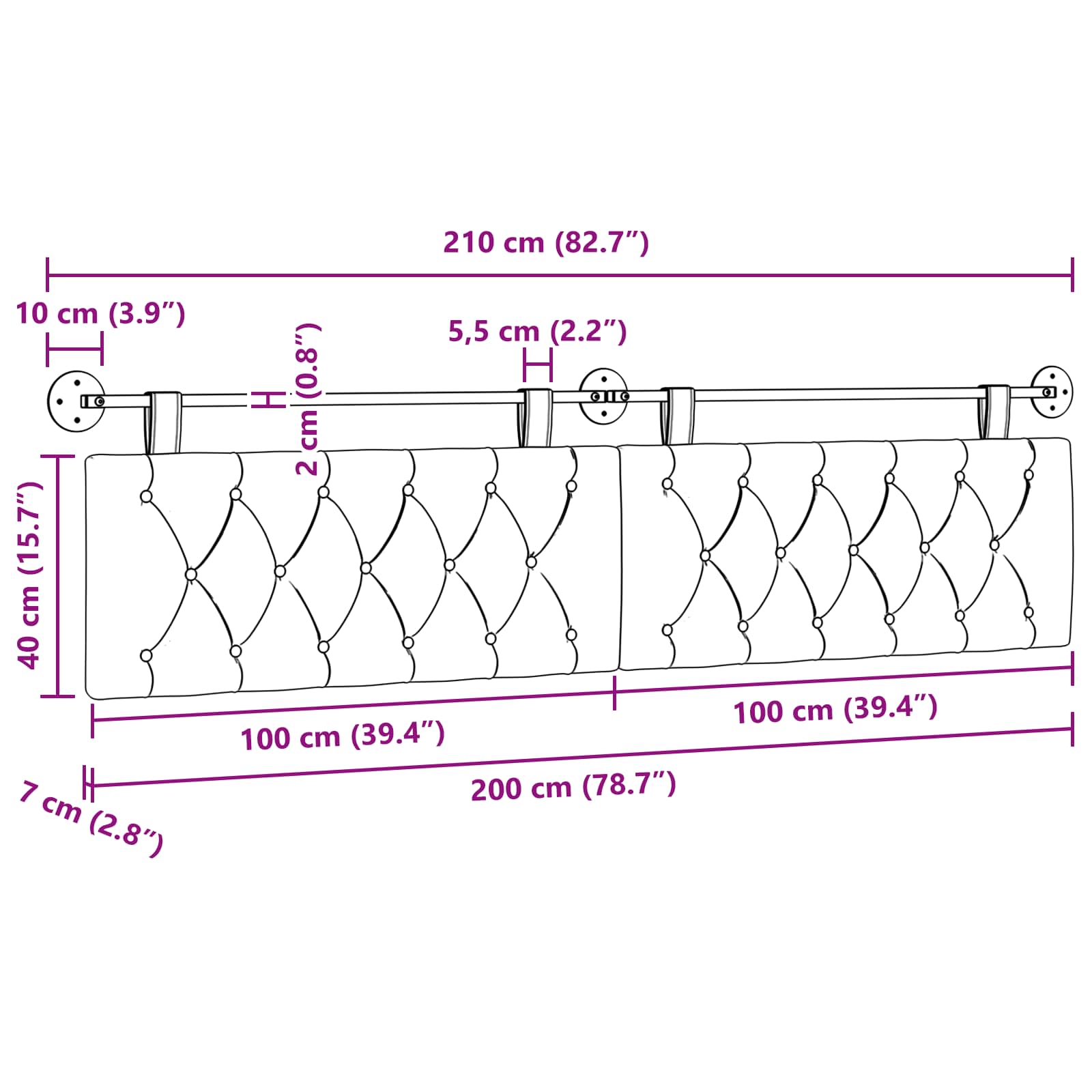 Tête de lit suspendue Montage mural Crème 210 x 55 x 7 cm tissu - XIOS