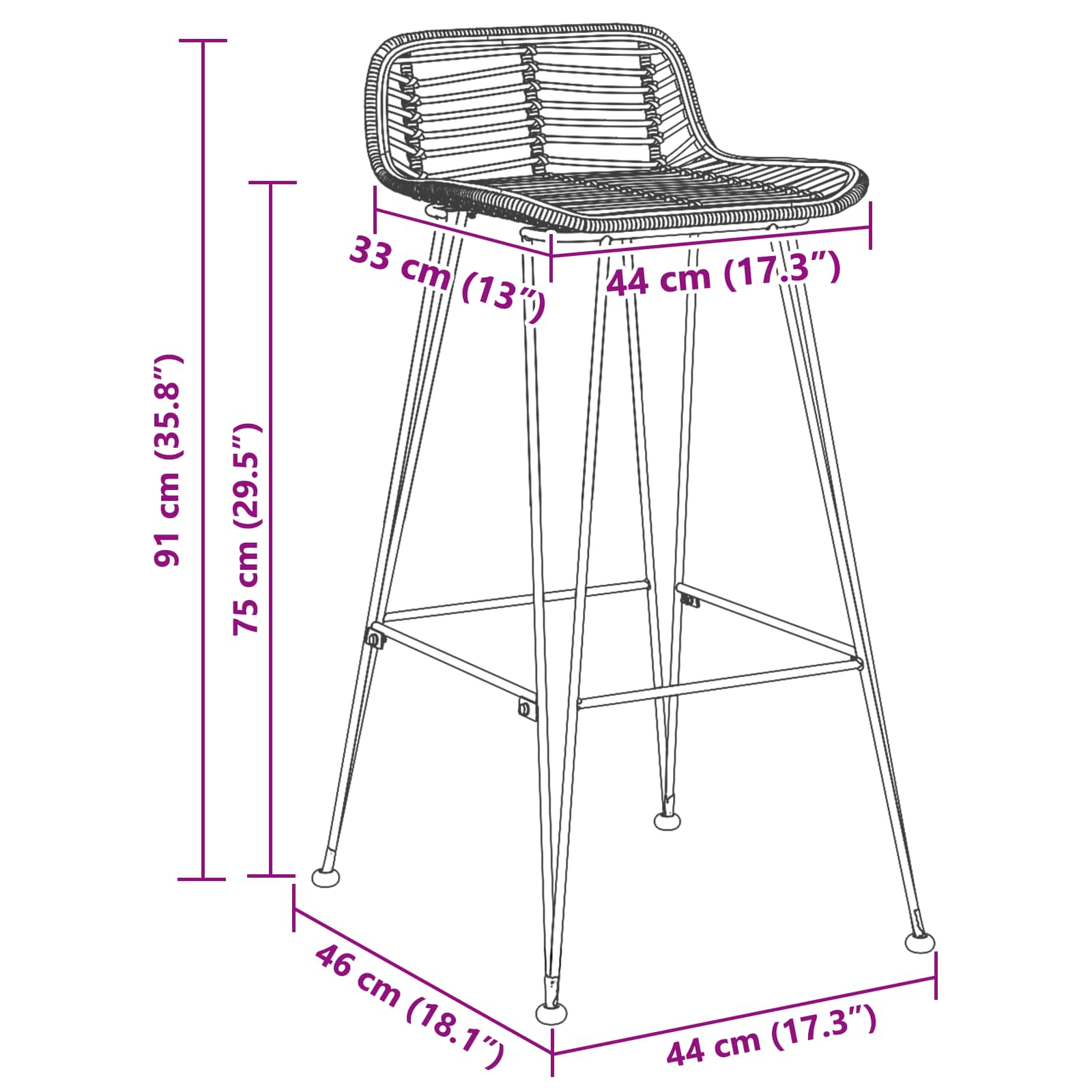 Tabouret de bar 2 pcs Noir 44 x 46 x 91 cm Rattan et Acier - XIOS