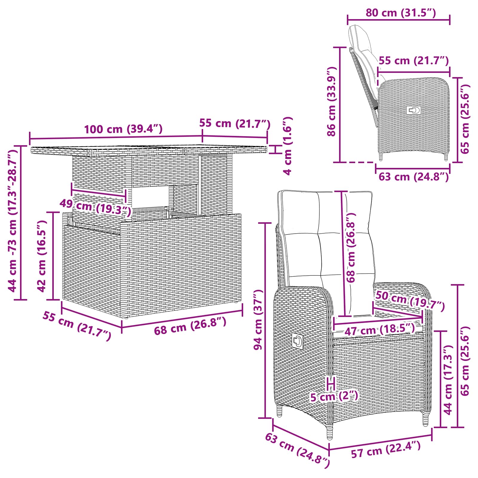 Ensemble de repas extérieur 3 pcs Noir et blanc crème - XIOS