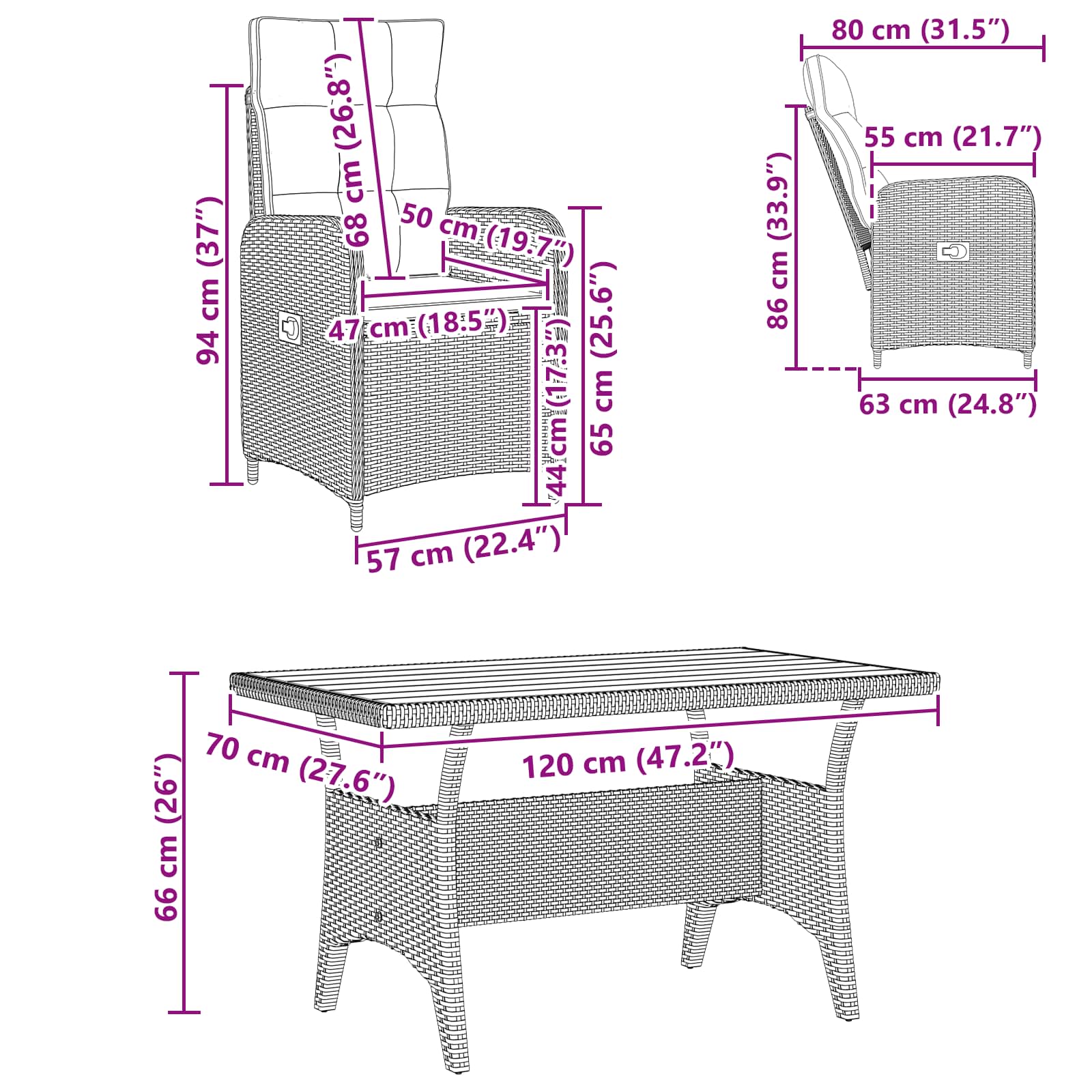 Ensemble de repas extérieur 3 pcs Noir et blanc crème polyrotin - XIOS