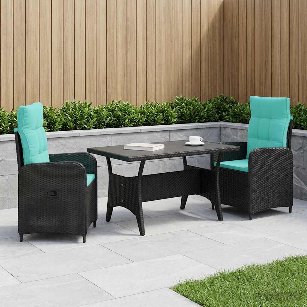 Ensemble de repas extérieur 3 pcs Noir et turquoise polyrotin