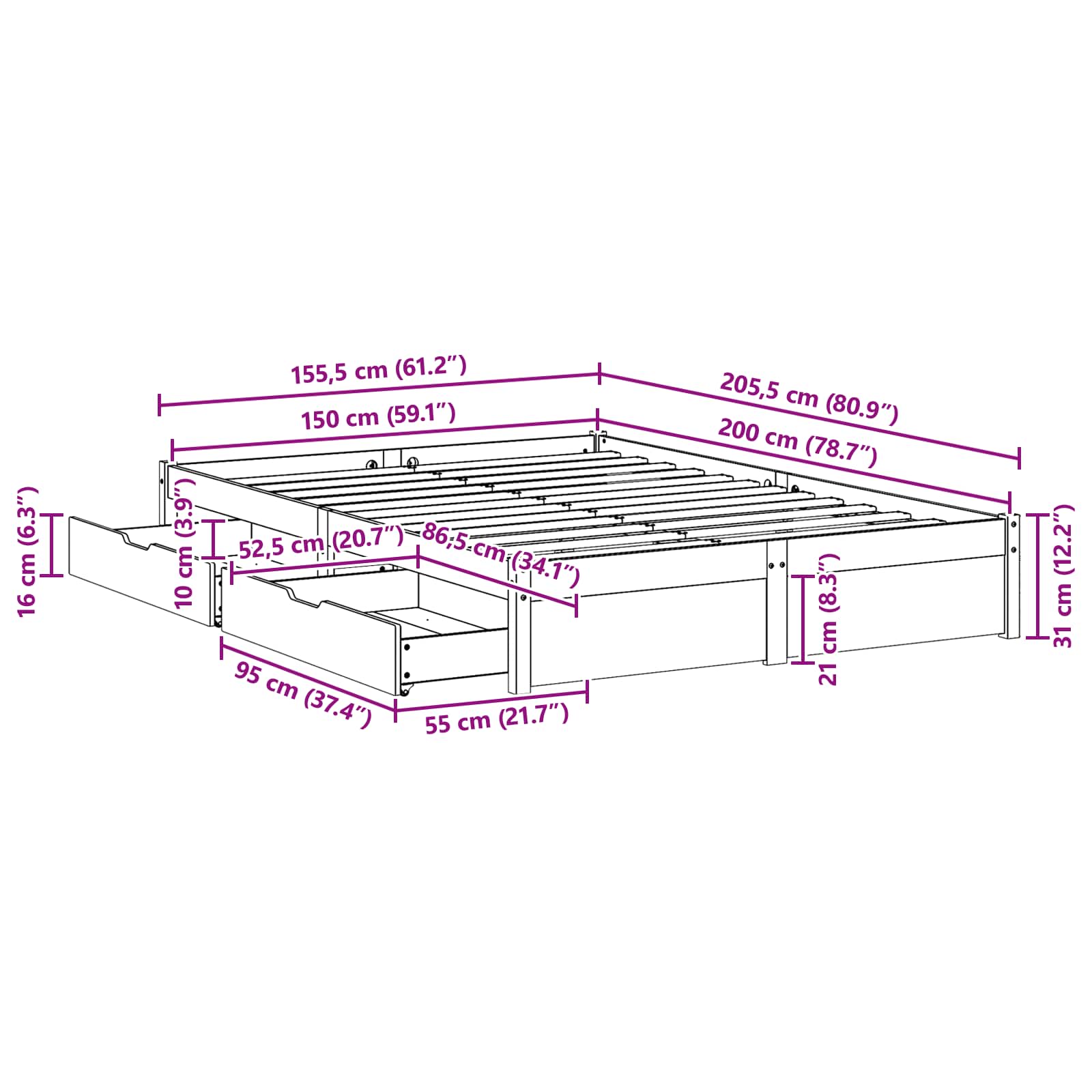 Cadre de lit Cire marron 160 x 200 cm Bois de Pin Massif - XIOS