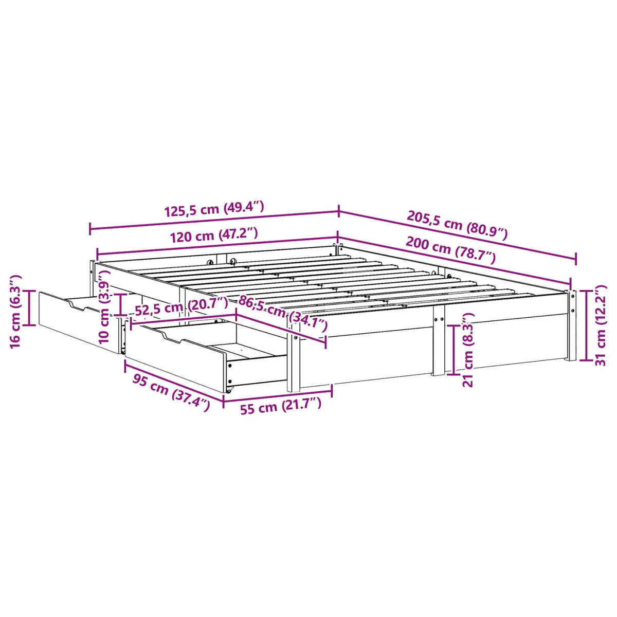 Cadre de lit avec tiroir 3 pcs Cire marron Bois de Pin Massif - XIOS