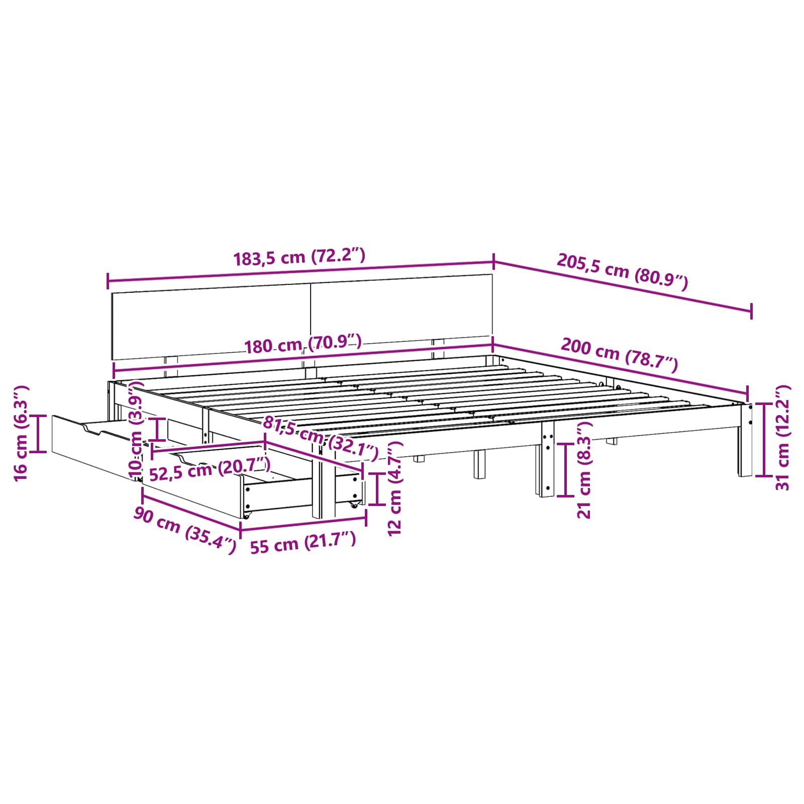Cadre de lit Cire marron 180 x 200 cm Bois de Pin Massif - XIOS