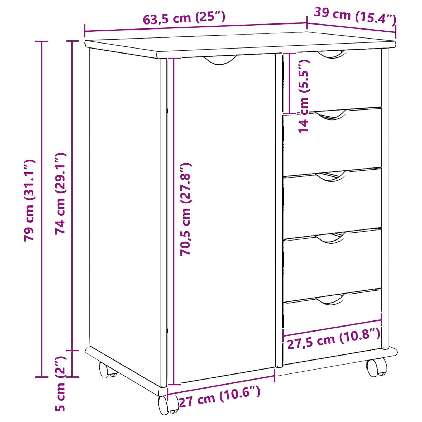 Cabinet roulant Marron 63,5 x 39 x 79 cm Bois de Pin Massif - XIOS