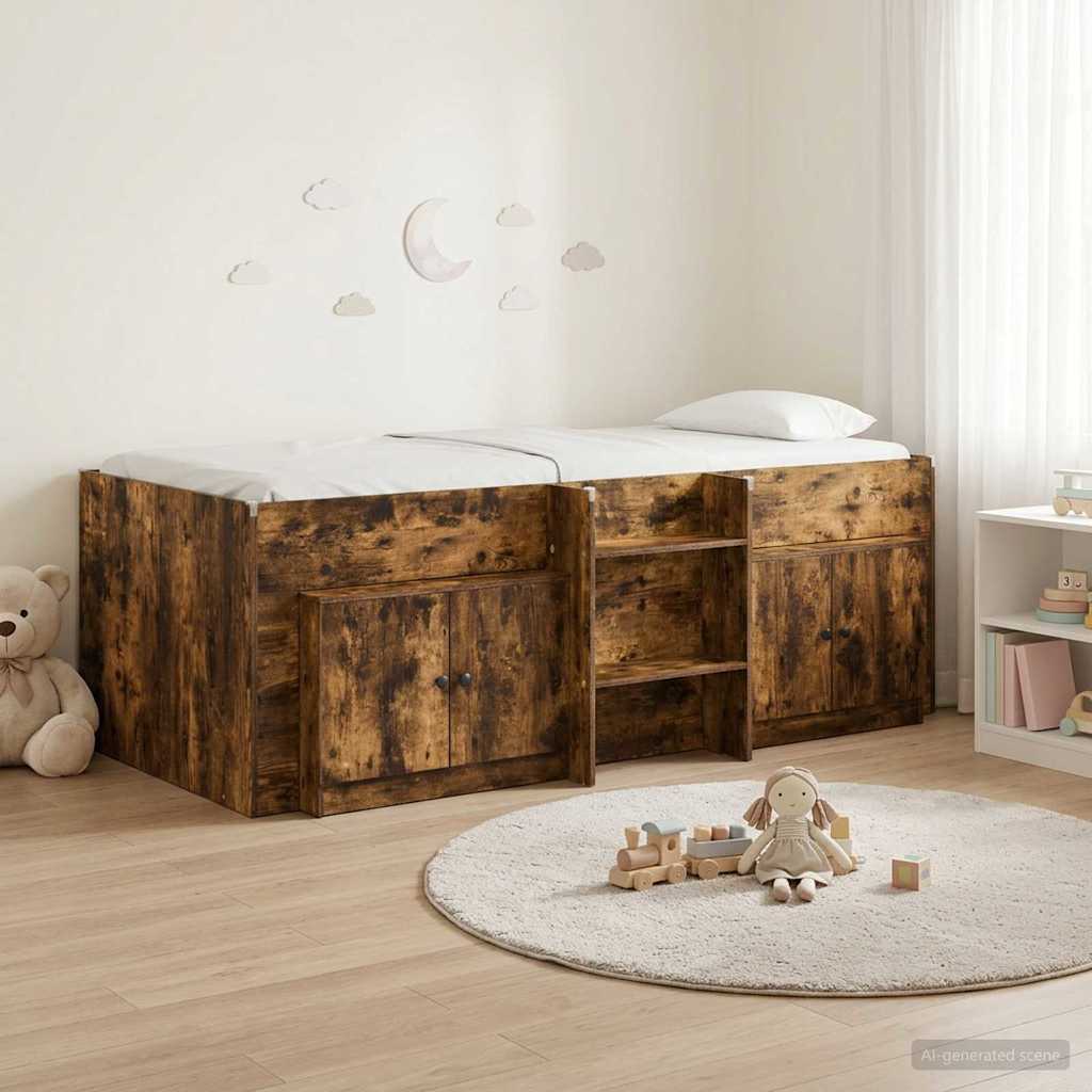 Cadre de lit en loft avec armoire avec stockage 3 pc Chêne fumé