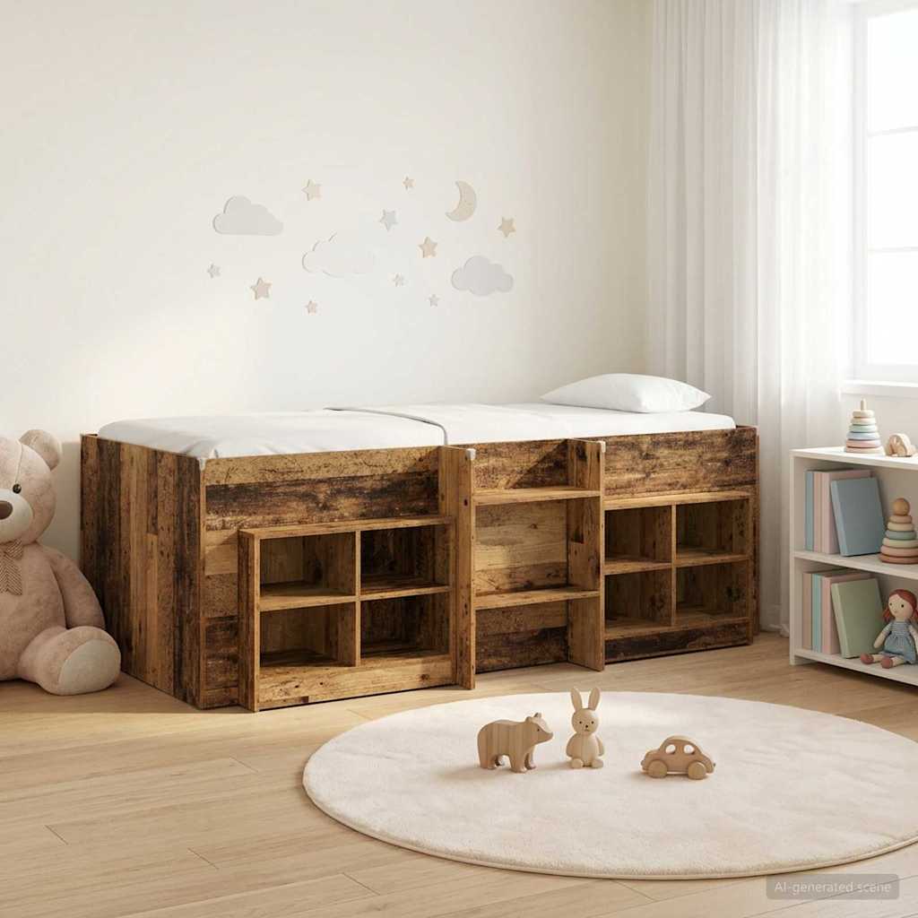 Cadre de lit en loft avec armoire avec étagère 3 pc Bois ancien
