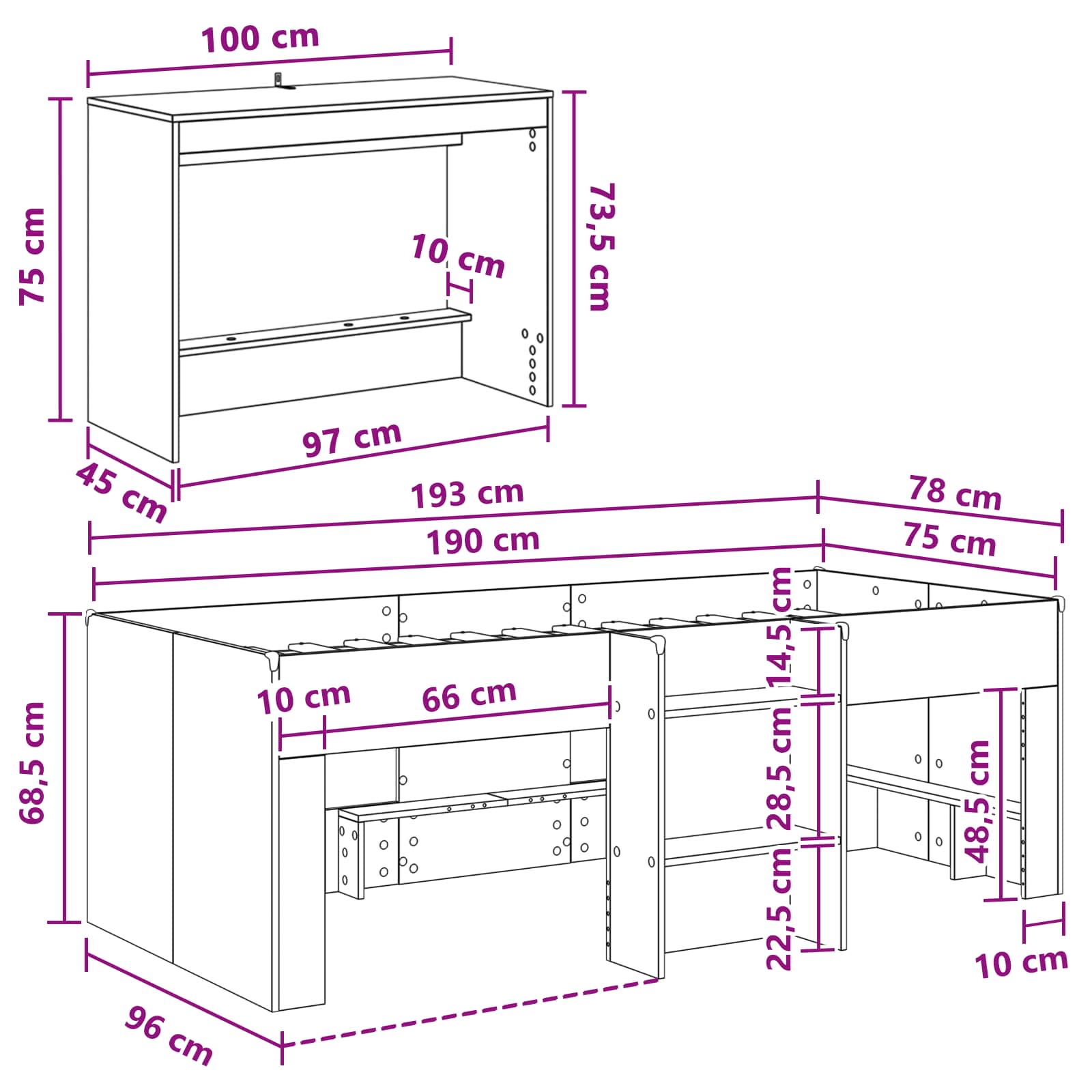 Lit haut pour enfants avec bureau Blanc 75 x 190 cm - XIOS