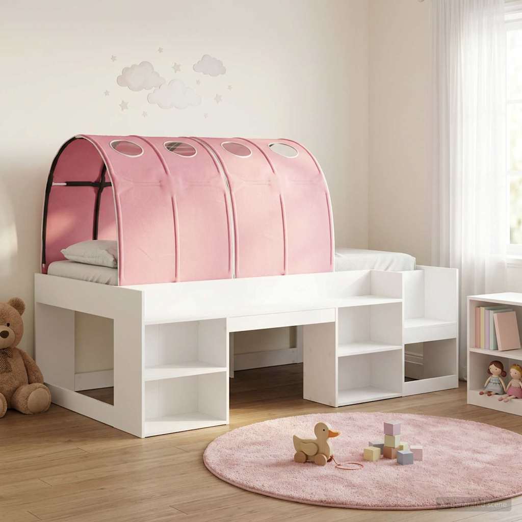 Cadre de lit avec tunnel avec étagère 3 pièces Blanc et rose
