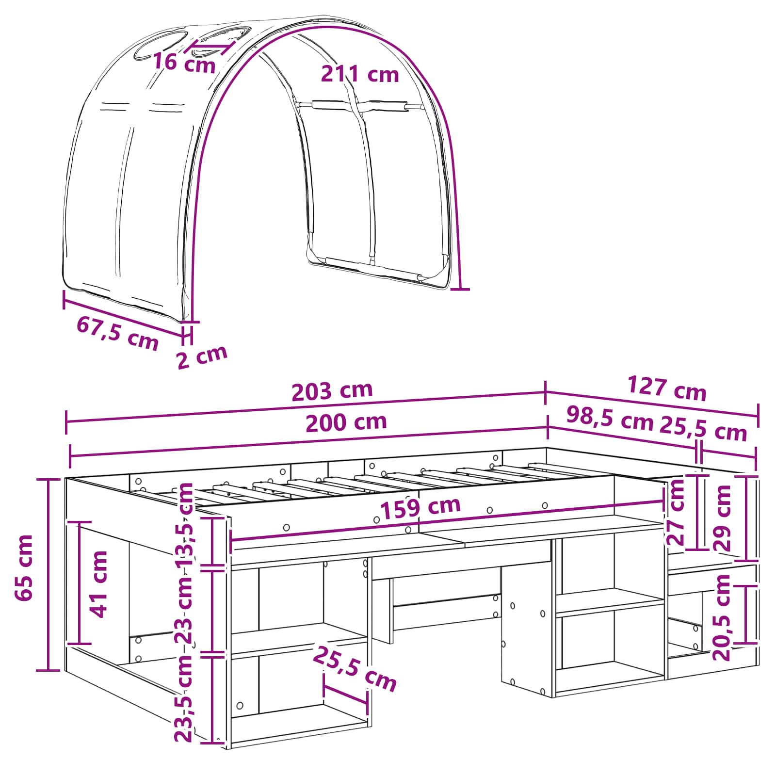 Cadre de lit avec tunnel avec étagère 3 pc Chêne Sonoma et noir