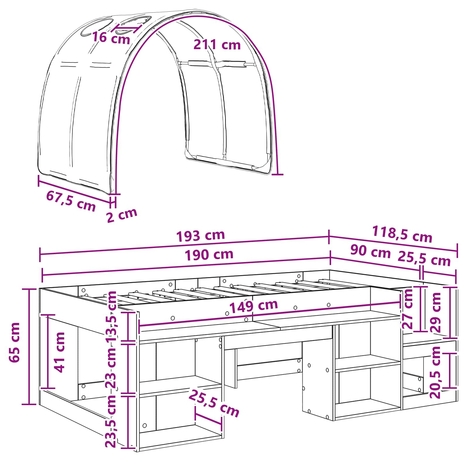 Cadre de lit avec tunnel avec étagère 3 pc Chêne Sonoma et bleu