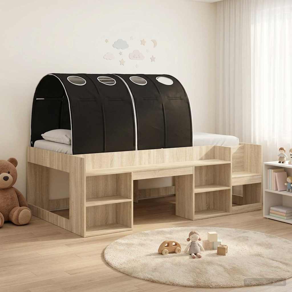 Cadre de lit avec tunnel avec étagère 3 pc Chêne Sonoma et noir
