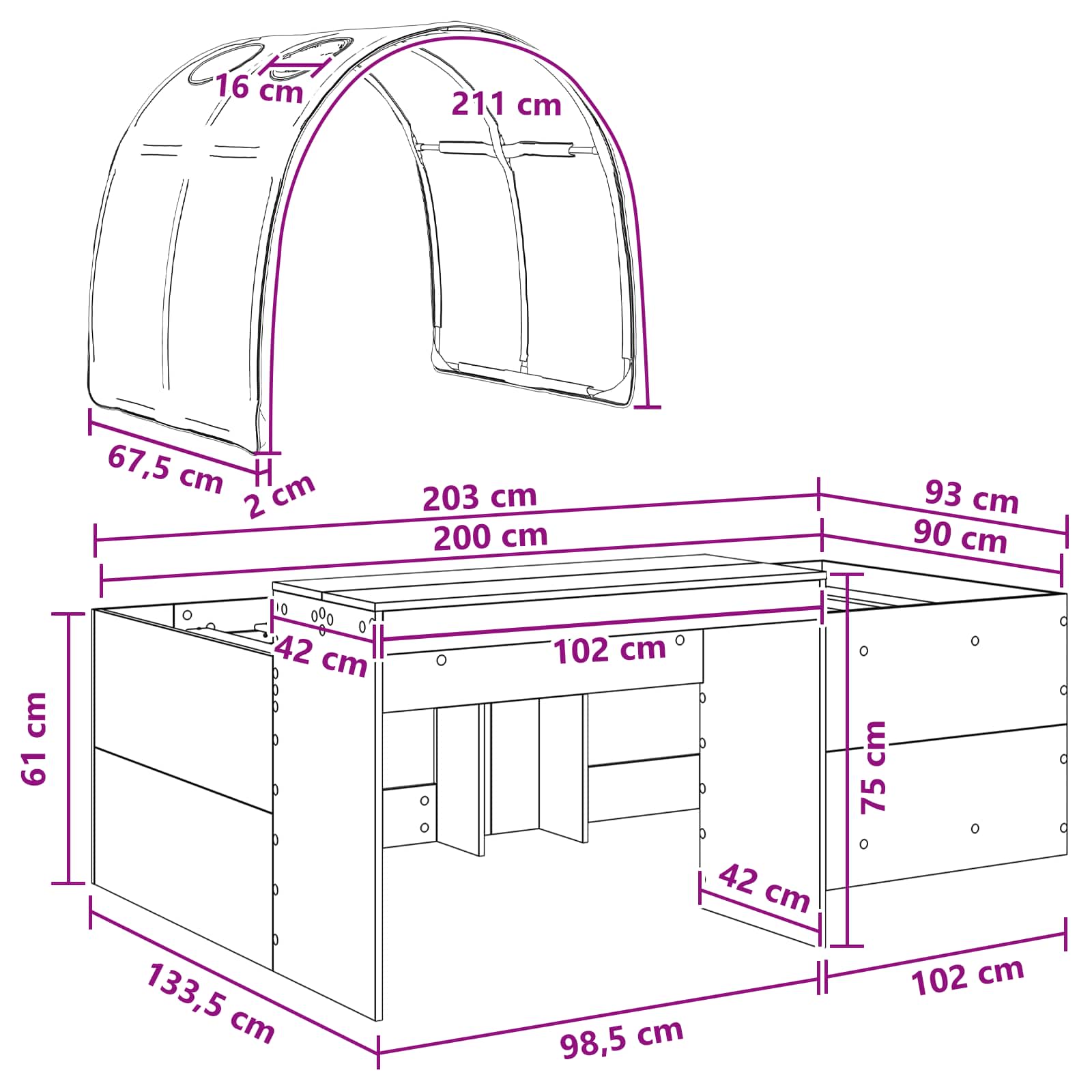 Lit avec Tunnel 3 pc Chêne Artisanal et Rouge Bois d'ingénierie