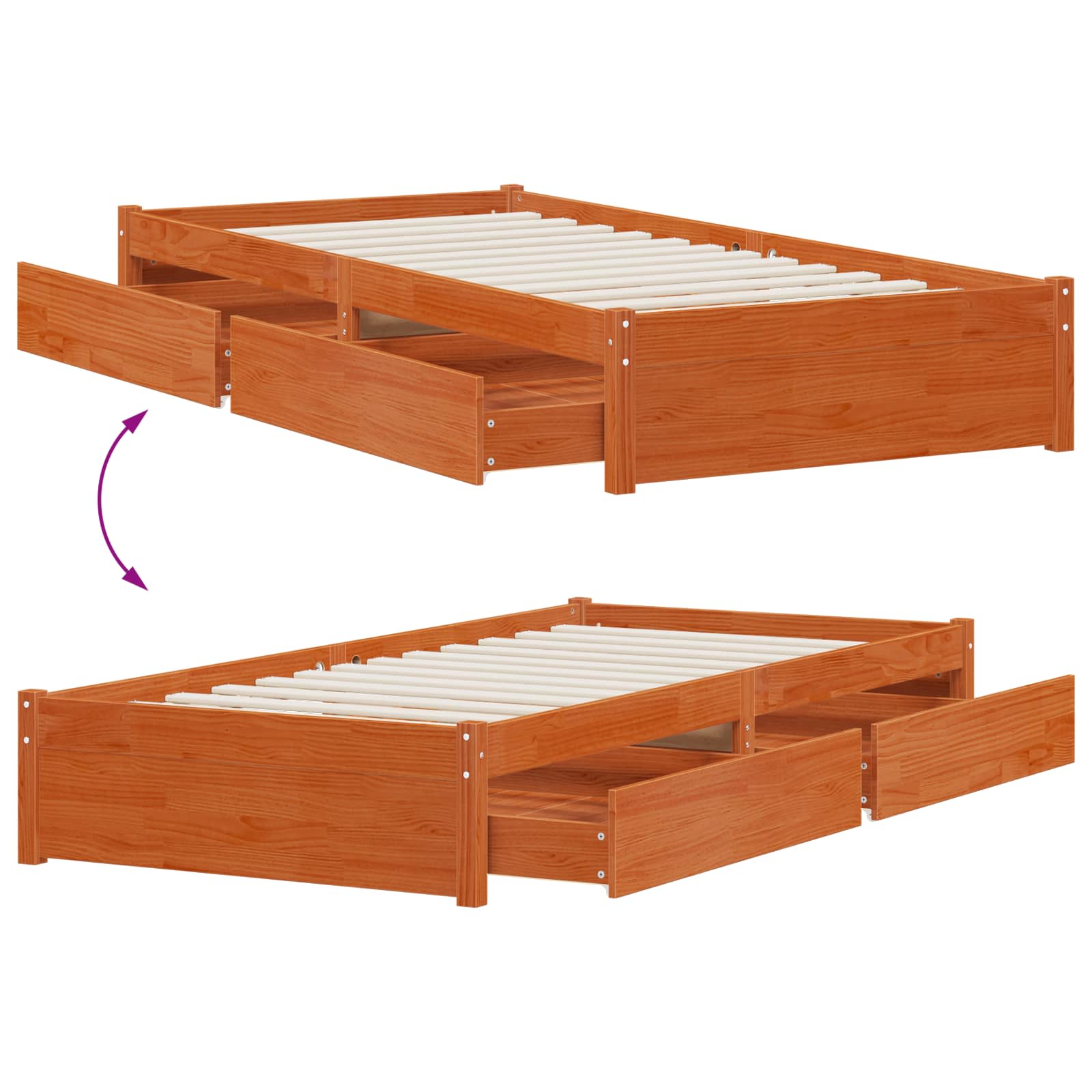 Cadre de lit avec tiroir 3 pcs Cire marron Bois de pin - XIOS