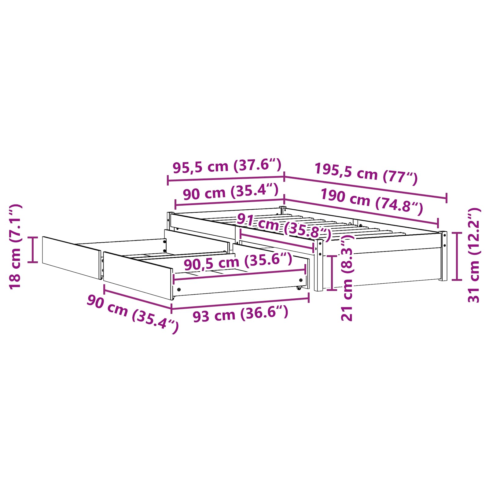 Cadre de lit avec tiroir 3 pcs Cire marron Bois de pin - XIOS