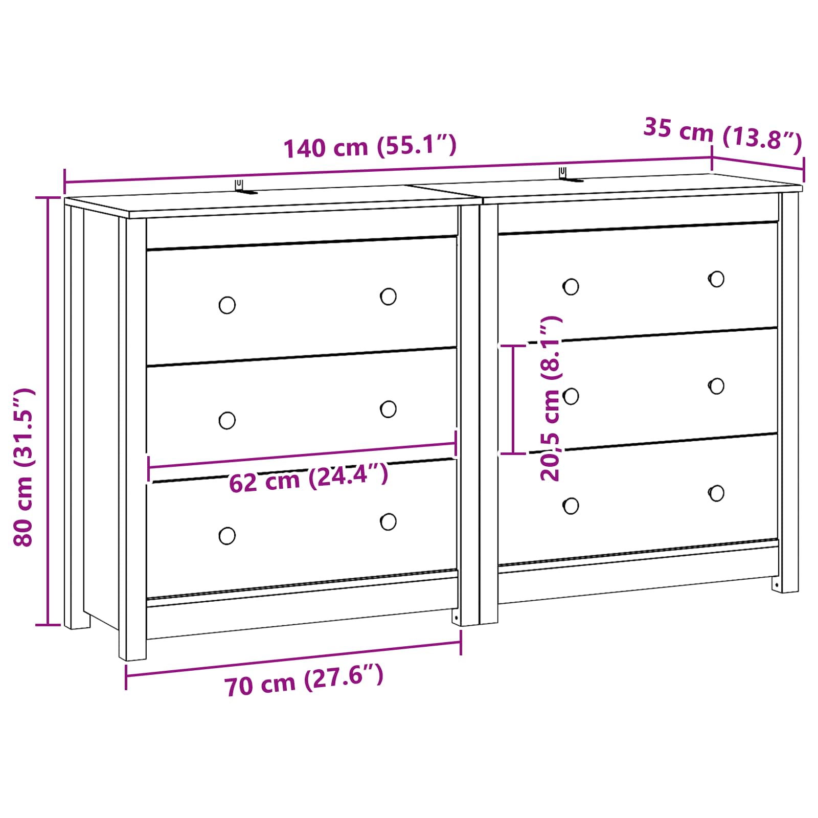 Buffet avec tiroir 2 pcs Brun Ciré 140 x 35 x 80 cm Pin massif - XIOS