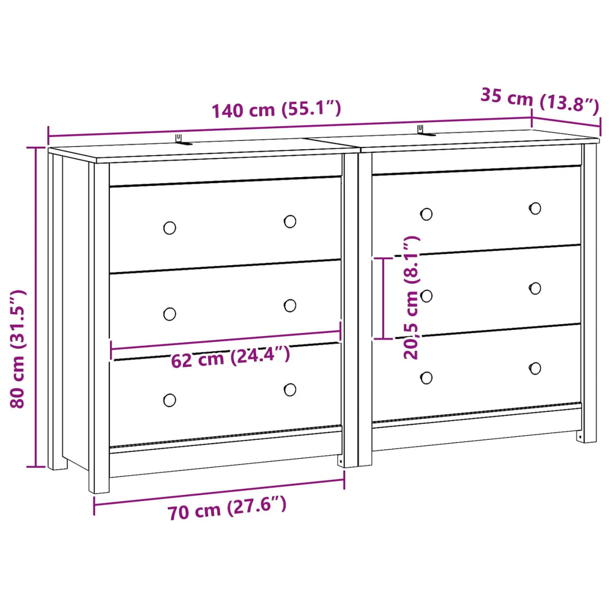 Buffet 2 pc Brun Ciré 140 x 35 x 80 cm Pin massif - XIOS