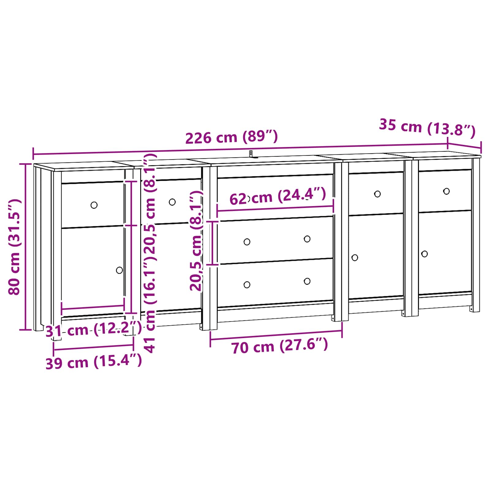 Buffet avec tiroir 5 pcs Brun Ciré Pin massif - XIOS