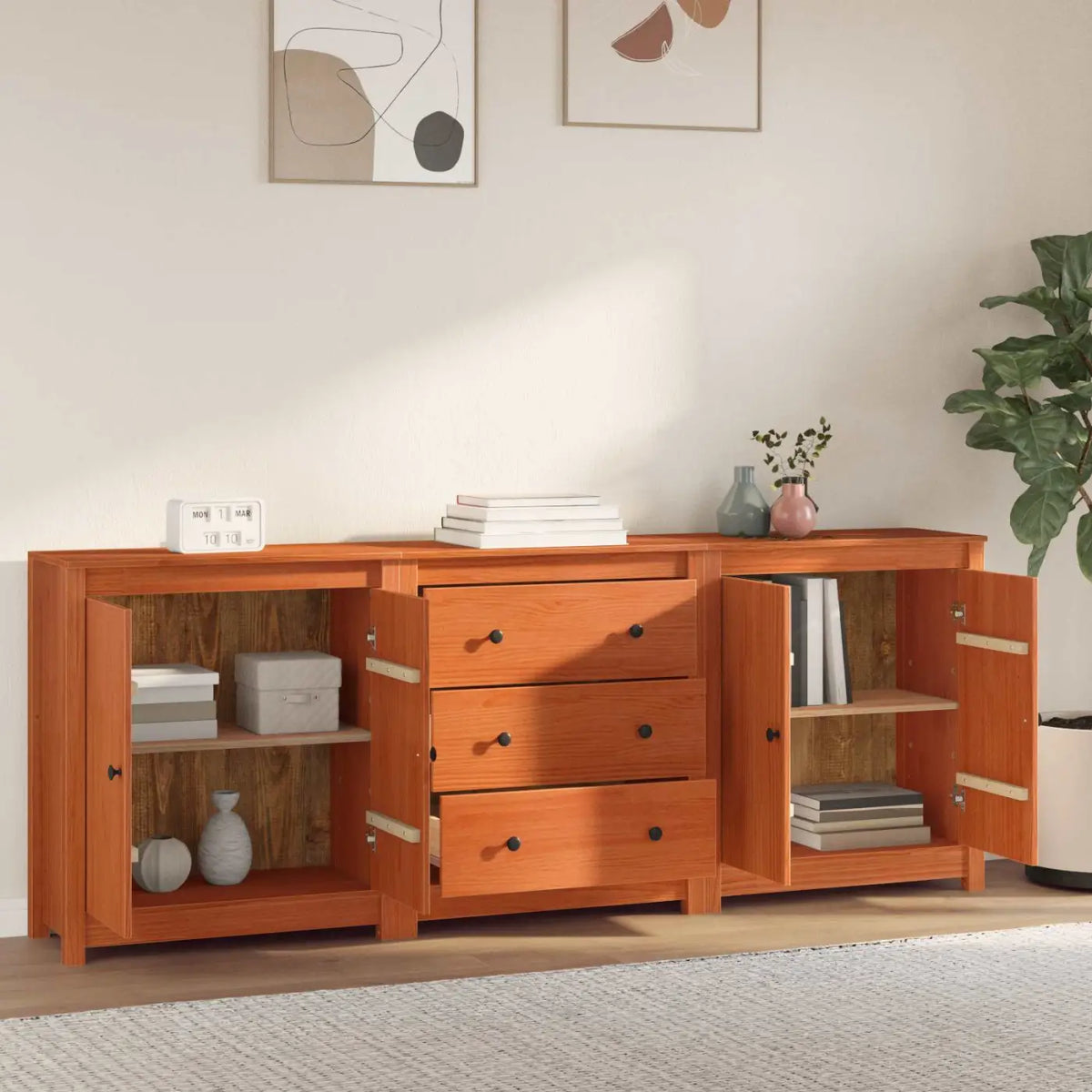 Buffet 3 pc Brun Ciré 210 x 35 x 80 cm Pin massif - XIOS
