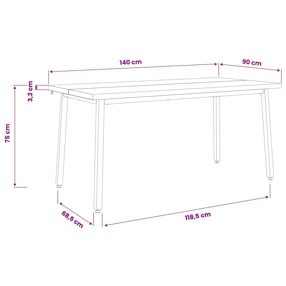 Table à manger carrée 140 x 90 x 75 cm Bois d'Acacia Massif