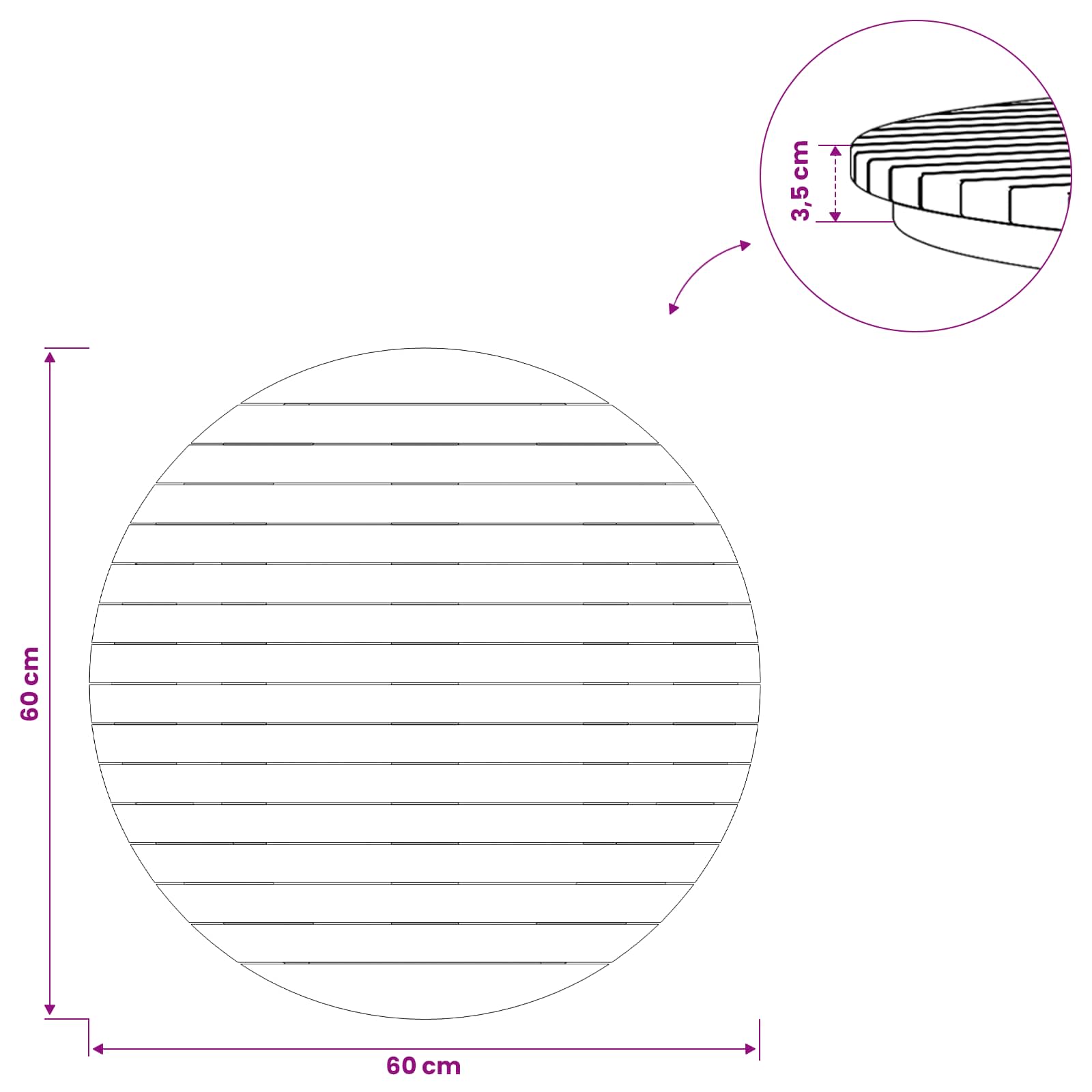 Plateau de table Ø 60 x 3,5 Rond Bois de teck massif Naturel - XIOS
