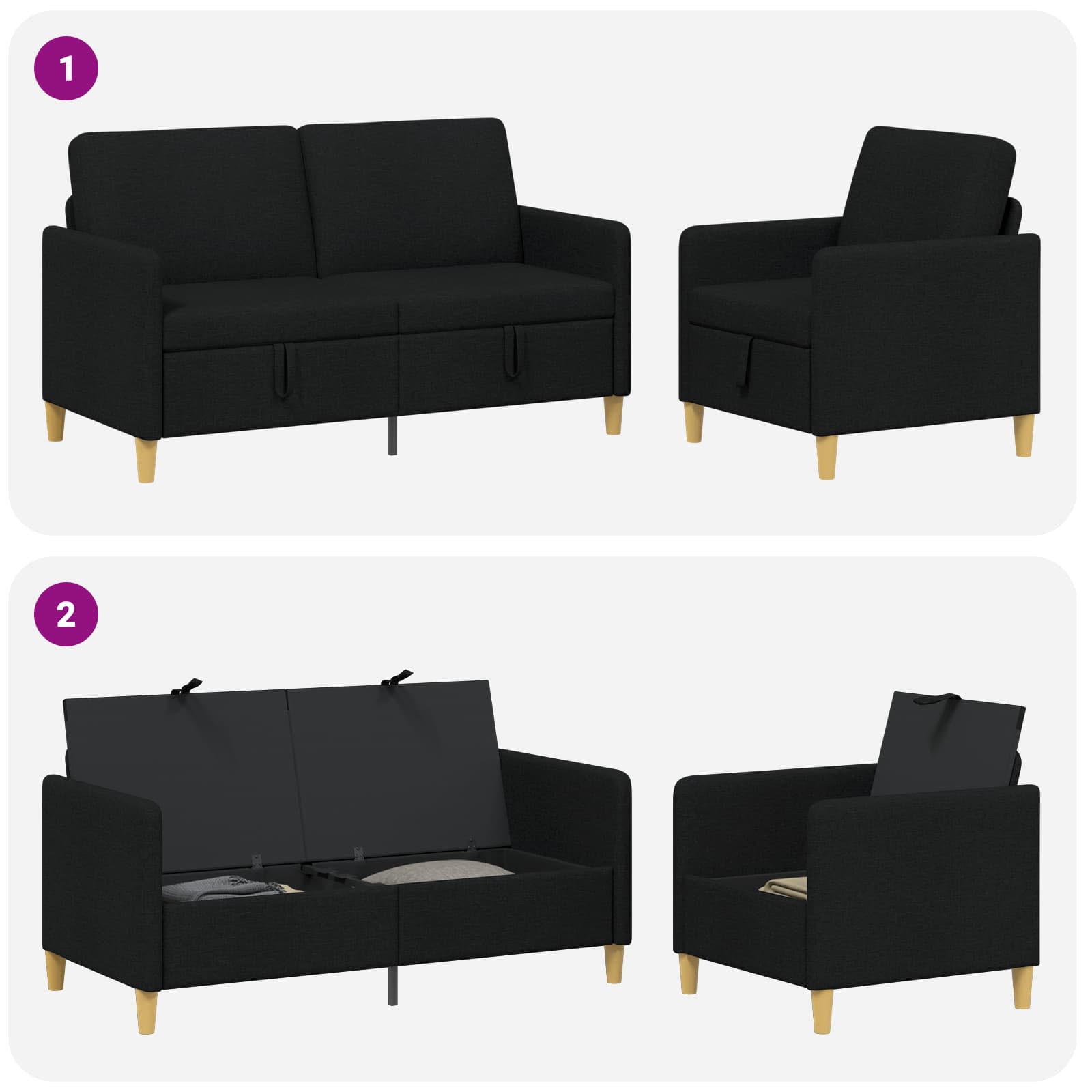 Canapé avec rangement 2 pc Noir Polyester