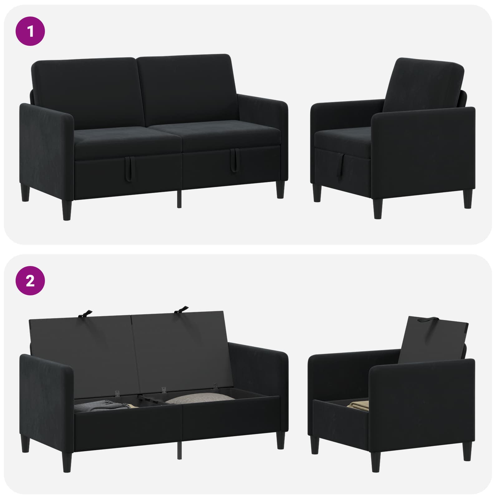 Canapé avec rangement 2 pc Noir Polyester